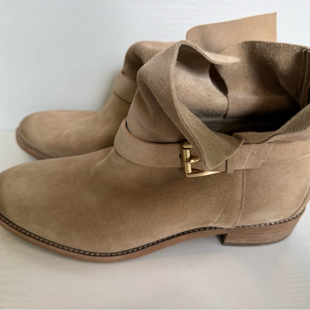Michael Kors Tan Suede Ankle Boots with Gold Buckle